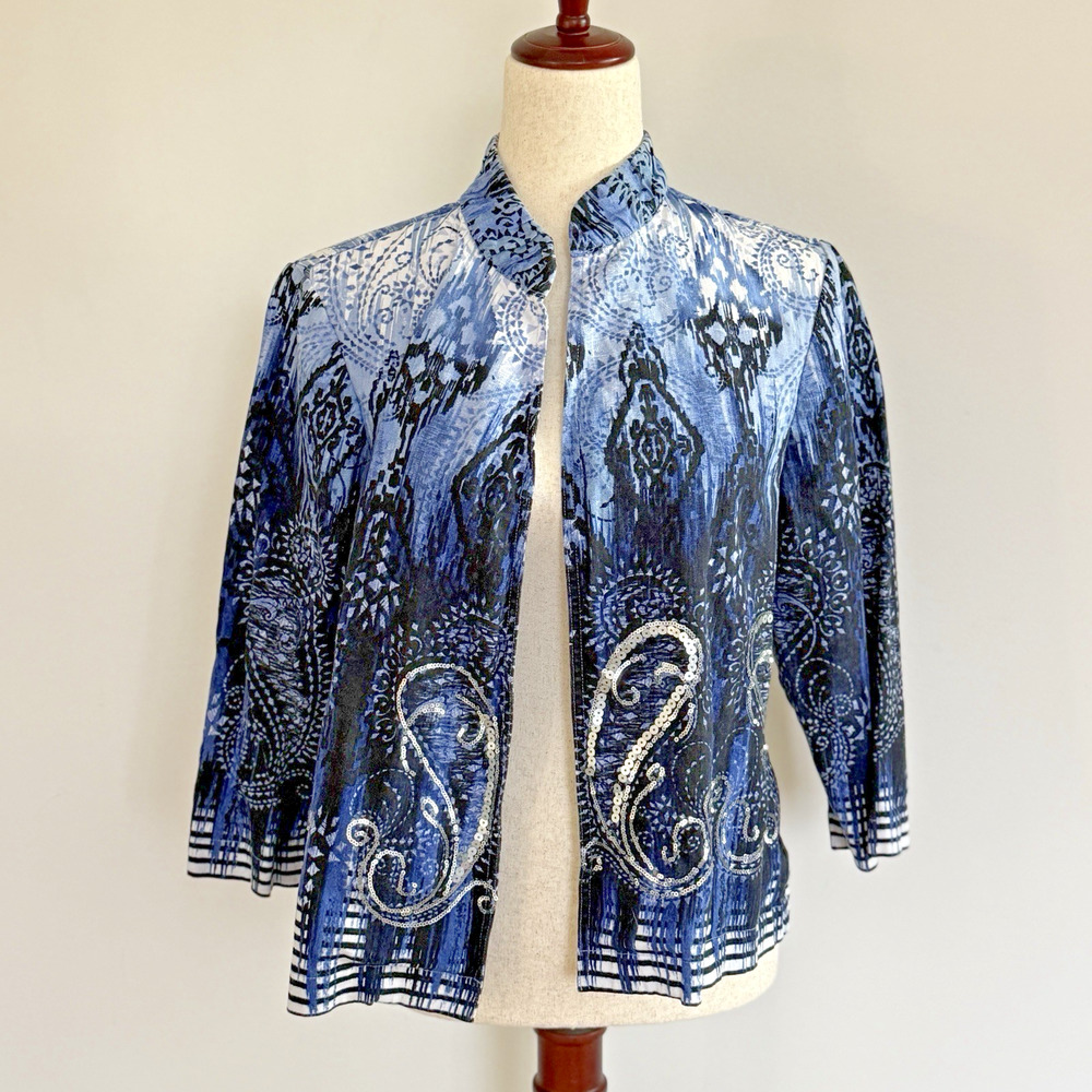 Chico's Jacket Women Size 1 Linen Cotton Paisley Print Sequin Open‎ Front  Art